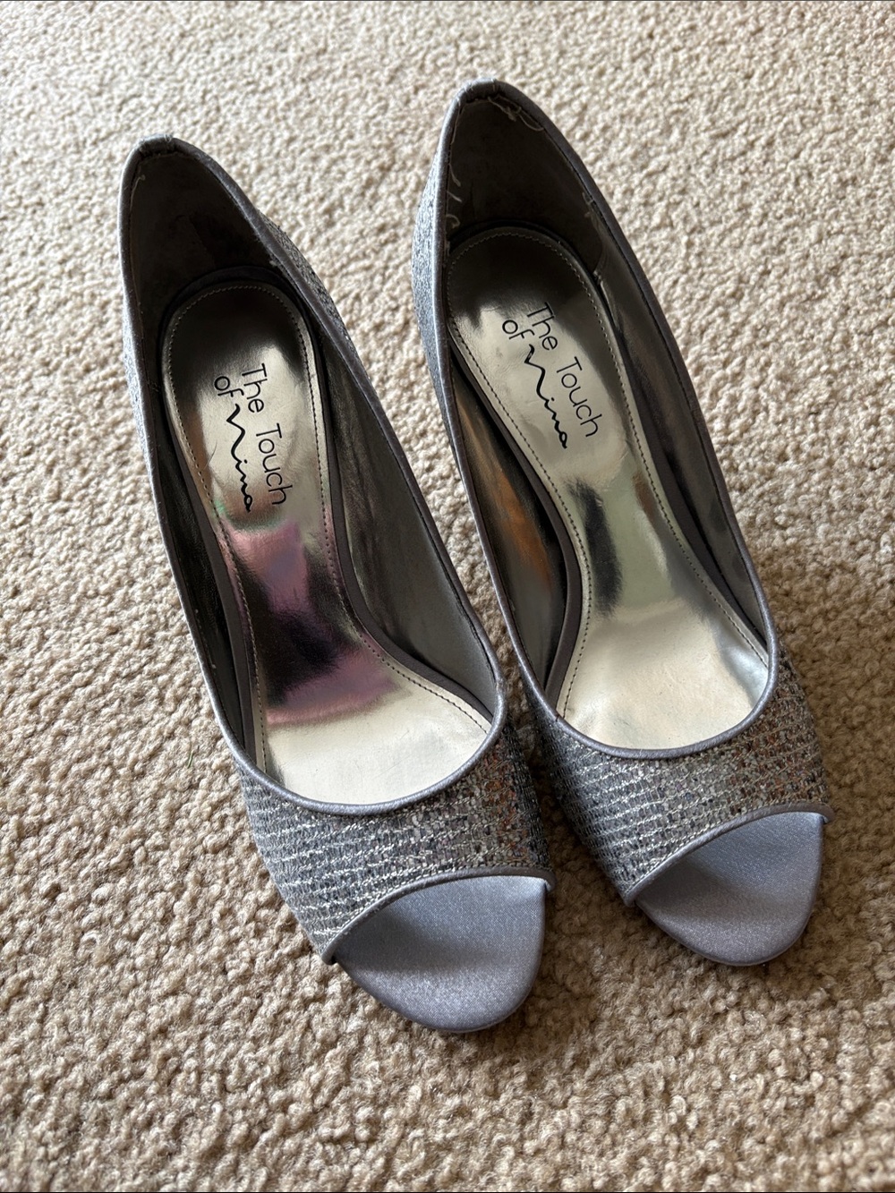 Touch of Nina Gray/Silver Sparkle Peep-Toe Heels